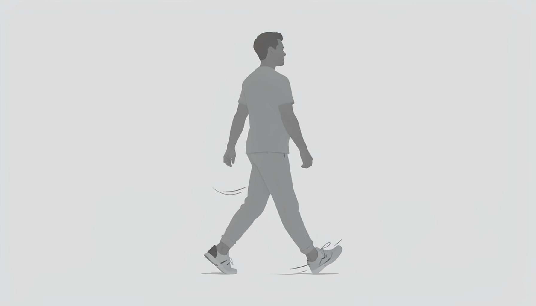 A muted grayscale illustration of a human figure walking, with motion lines indicating gait cycle, minimalist and instructional mood.