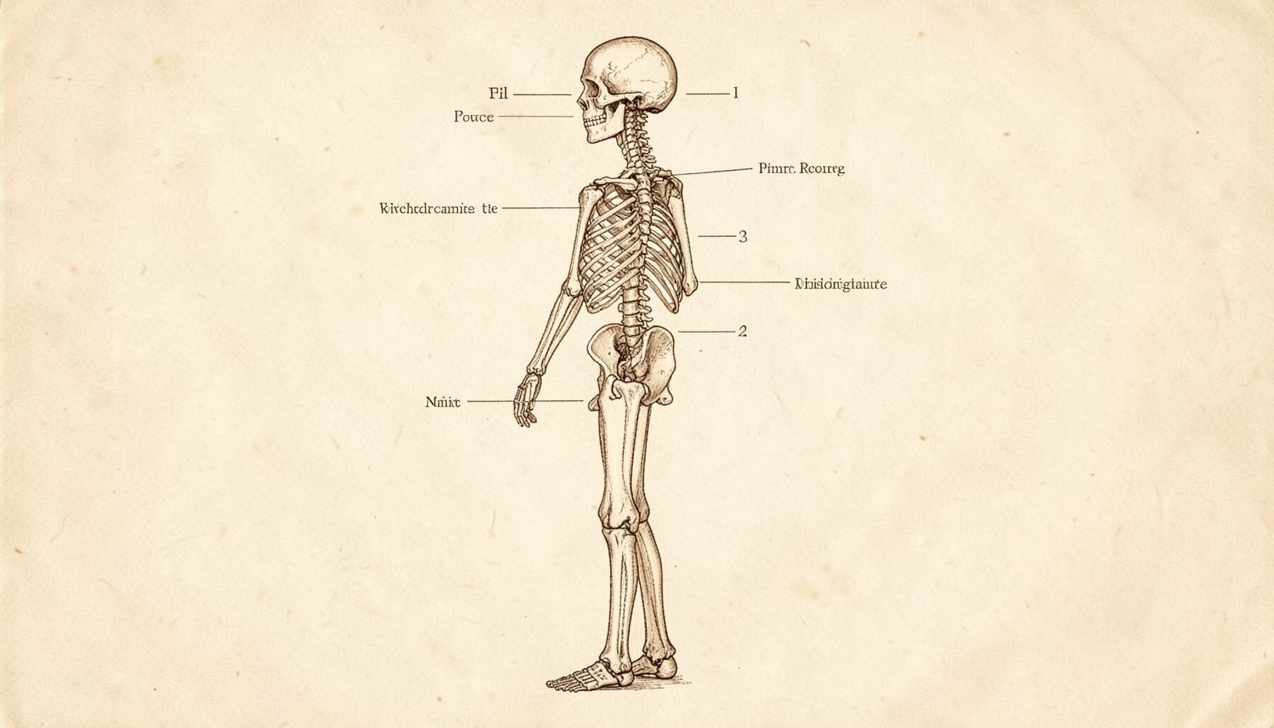 A warm sepia-toned anatomical sketch of a human skeleton in profile, standing upright with labels pointing to the spine and pelvis, scholarly and vintage mood.
