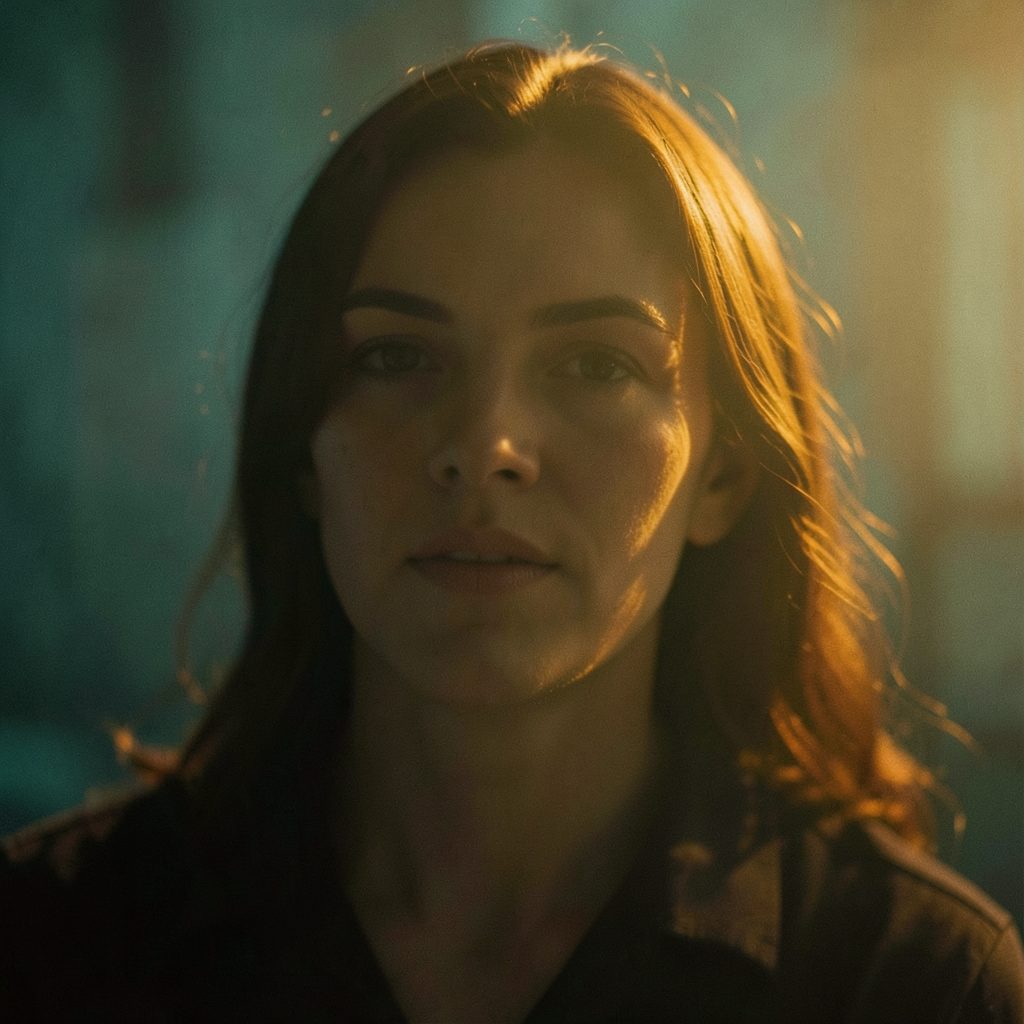 A cinematic frame with warm amber and teal tones, suggesting a dramatic film still with soft focus and emotional atmosphere.