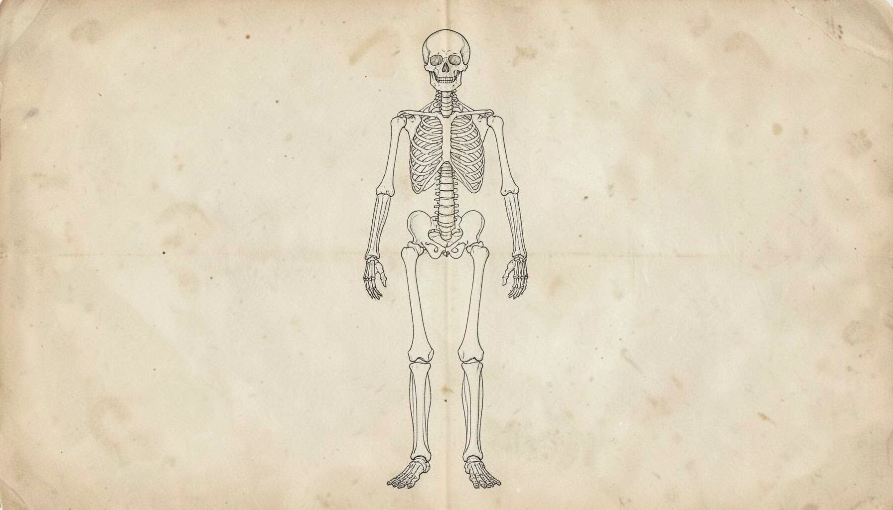 Anatomical line drawing of a human skeleton in upright posture on aged paper, scholarly and muted tones.