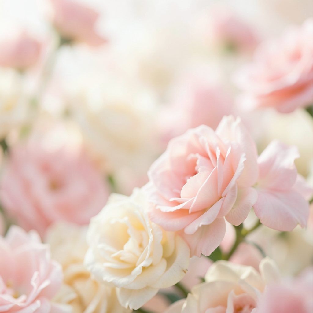 Soft pink and cream tones with a romantic, dreamy atmosphere — gentle light and blurred floral shapes.