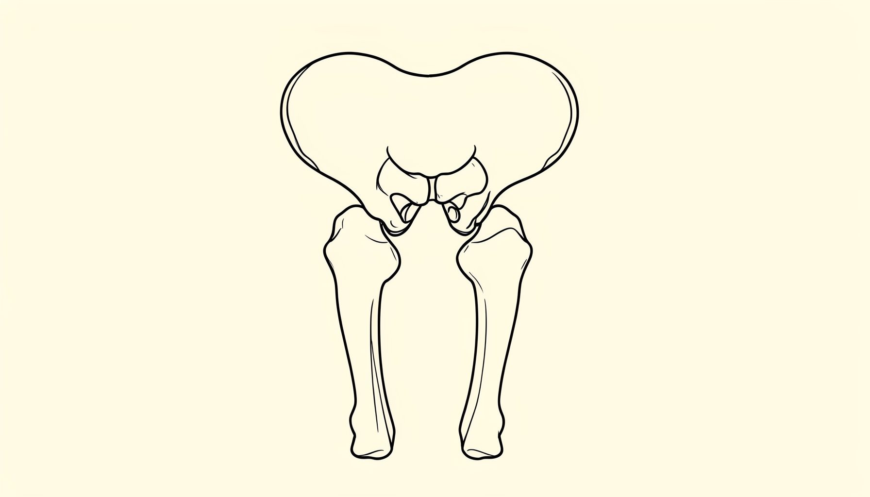 A clean line-art diagram of the human pelvis and femur joint on a cream background, clinical and educational mood.