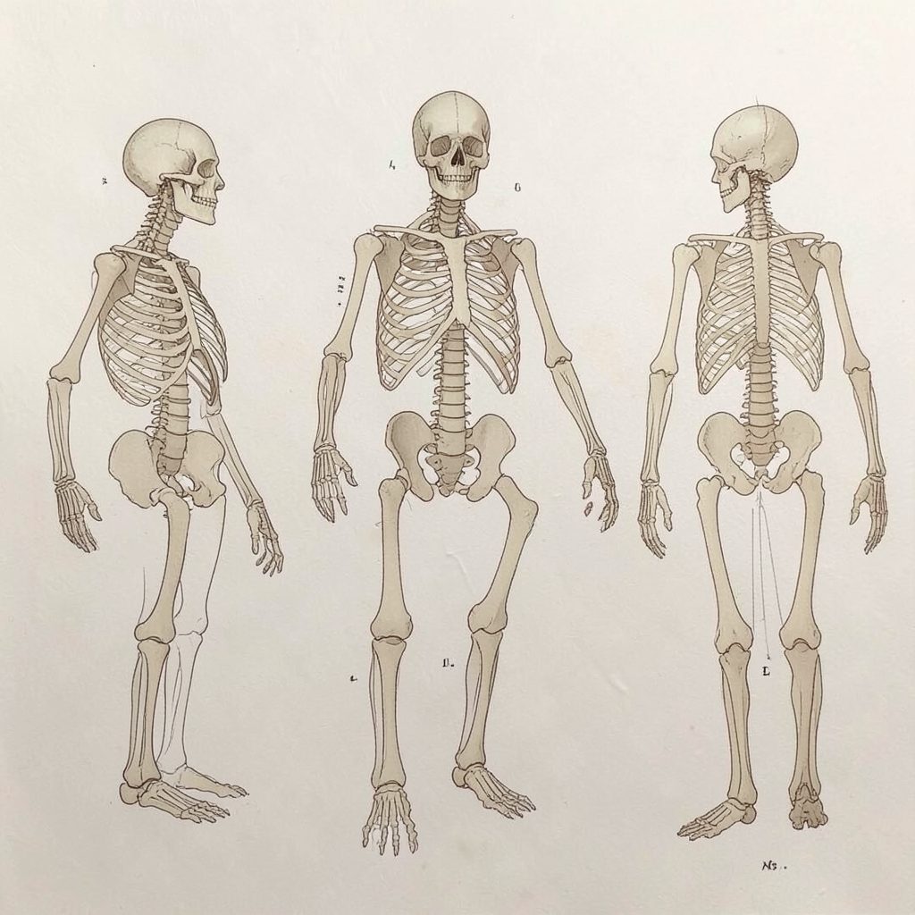 An anatomical diagram with skeletal outlines and evolutionary progression, rendered in muted earth tones on a light background.