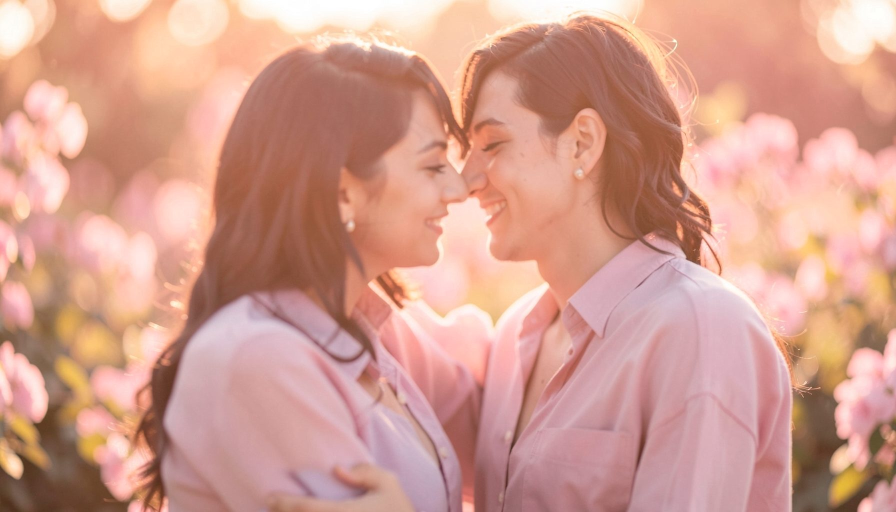 Soft-focus romantic scene with warm pink and gold tones, gentle and emotional mood.