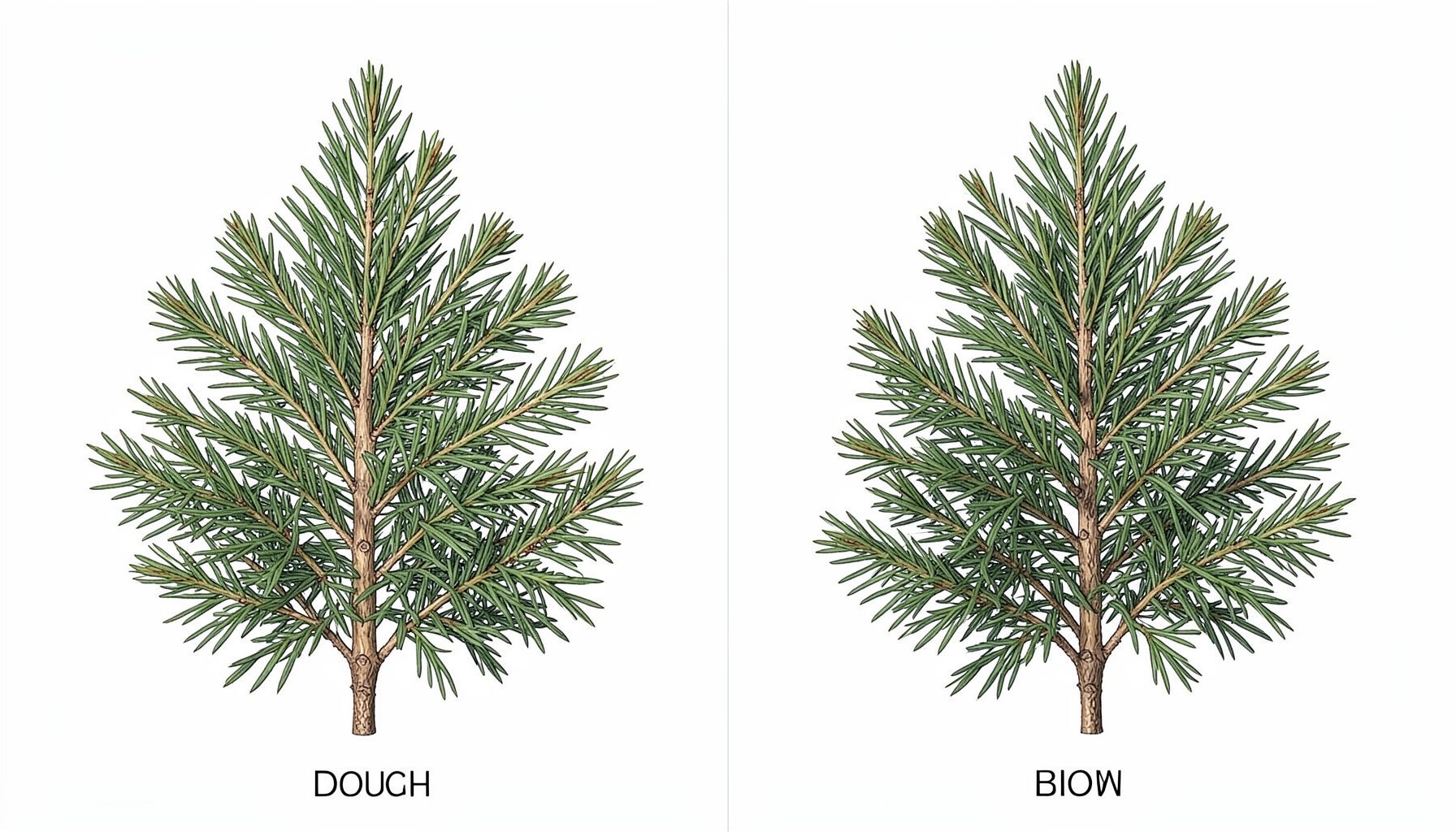 Side-by-side comparison of silver fir and Douglas fir shoots, educational botanical illustration style.