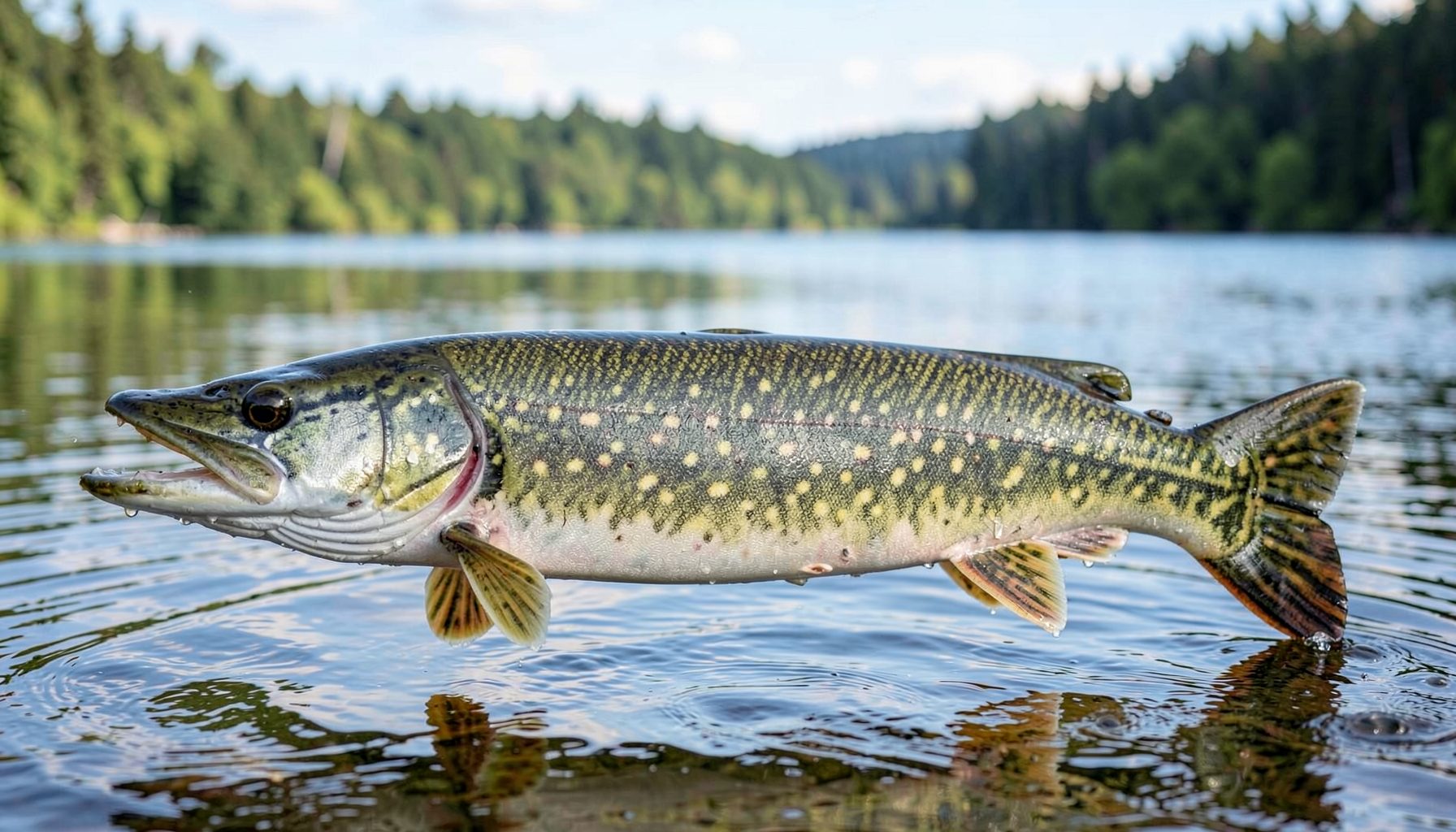 Full side-view of a northern pike fish with spotted olive-green body against a natural lake background.