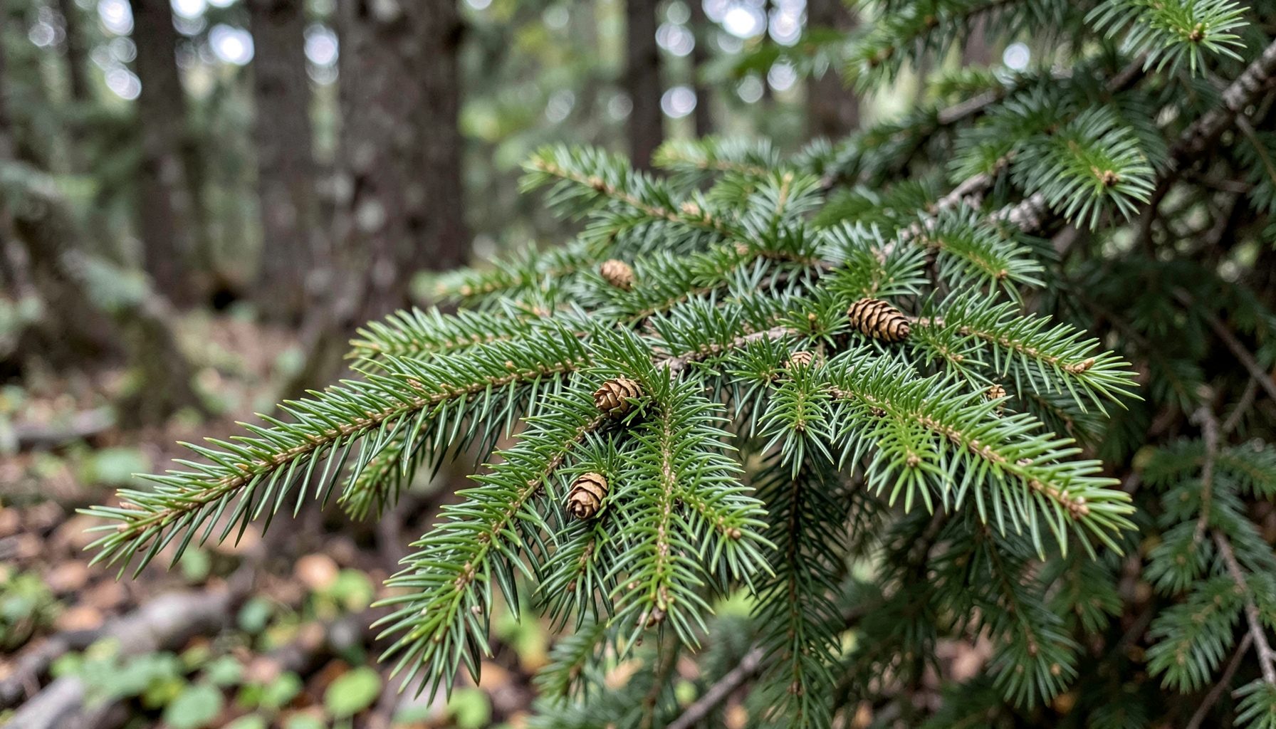 Amabilis fir branch with dense green needles and small cones, Pacific Northwest forest mood.