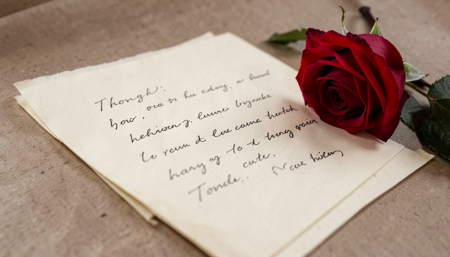 A handwritten love letter on cream paper with a red rose resting beside it, nostalgic and intimate atmosphere.