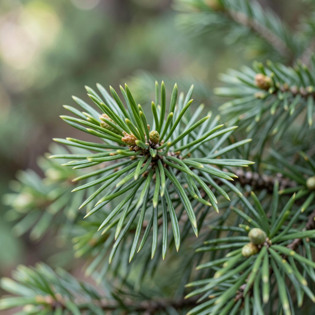 A close-up of green fir needles and small buds against a soft natural background, calm and botanical in mood.
